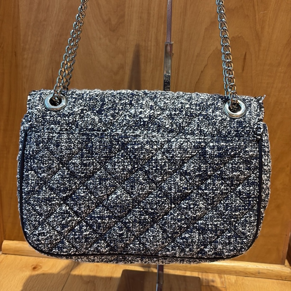 Michael Kors Sloan Large Admiral Tweed Shoulder Bag Navy Blue silver chevron - Picture 3 of 16